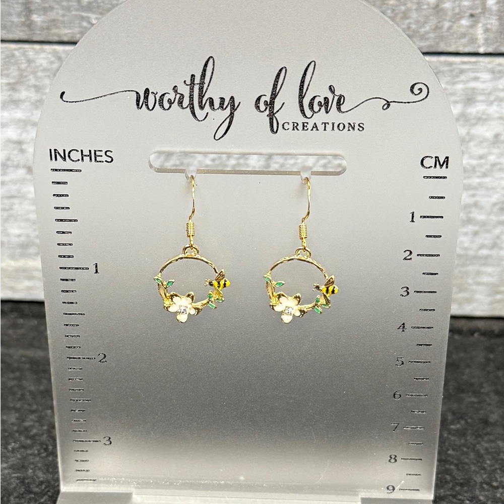 bee earrings, bees and flowers earrings 18 k gold plated ear wires new handmade